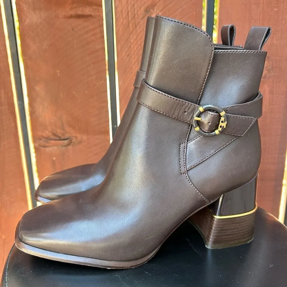 Tory Burch Women Multi Logo Buckle Brown Leather Ankle Boot size 9